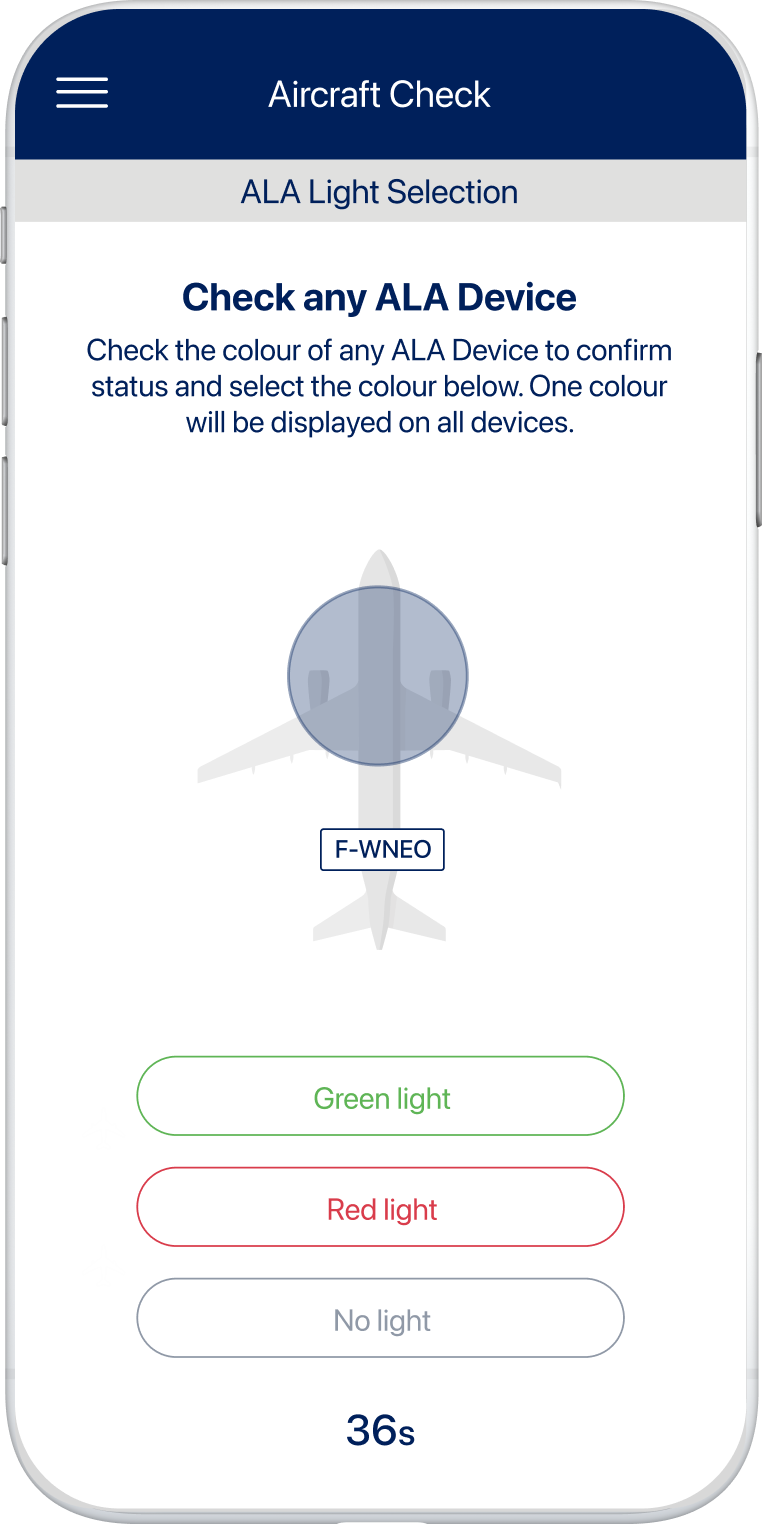 OnePRESS app: ALA Light Selection, choosing the device light colour (green, red or no light)