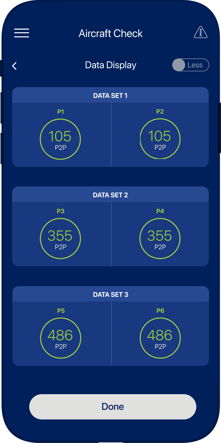 OnePRESS app: the Aircraft Check data display, P1 to P6 pressure readings