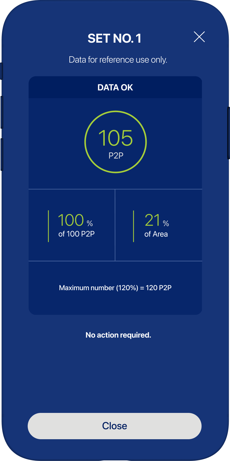 OnePRESS app: Set No. 1 showing a data-OK result at 105 P2P