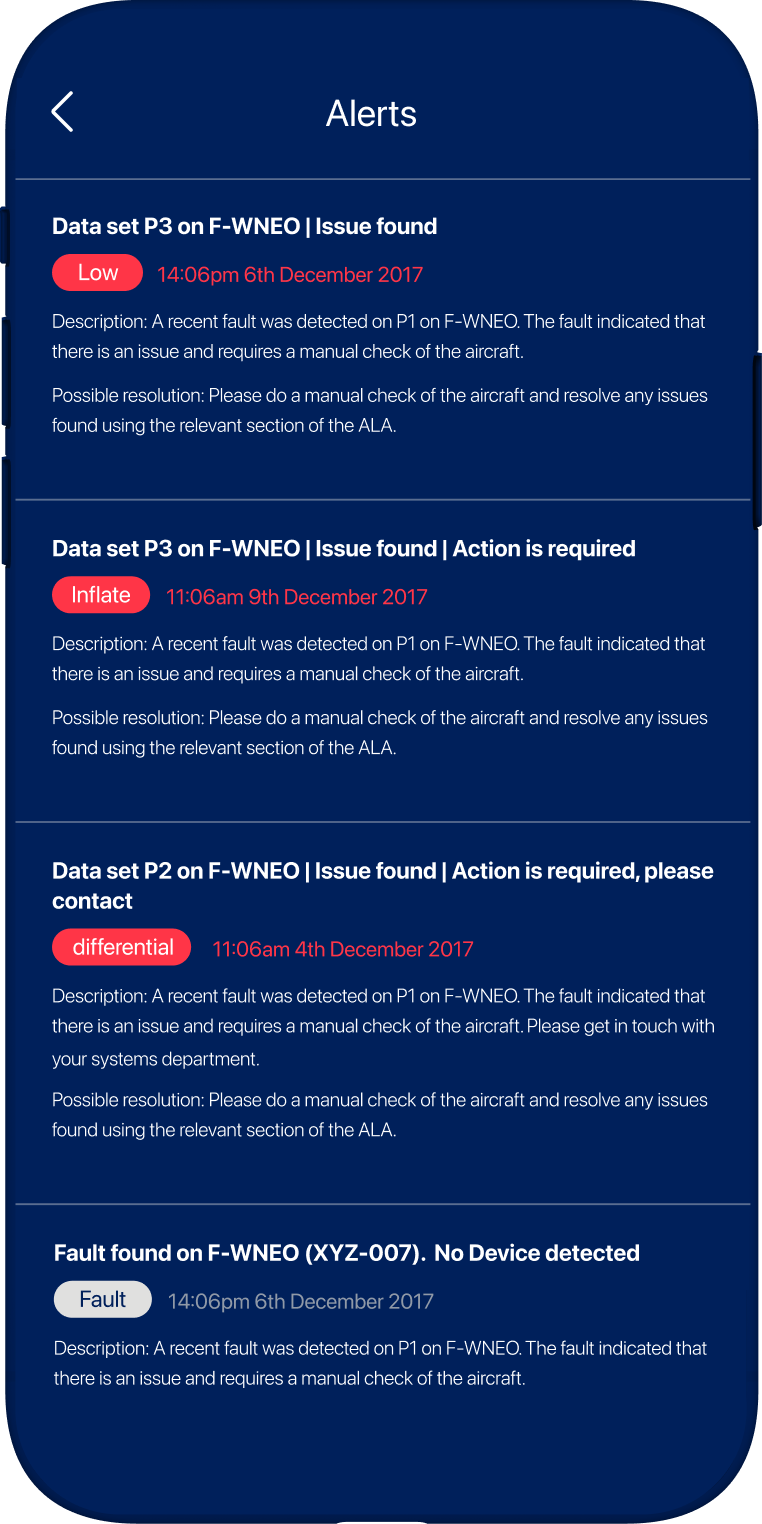 OnePRESS app: the Alerts list showing low pressure, inflate and fault warnings