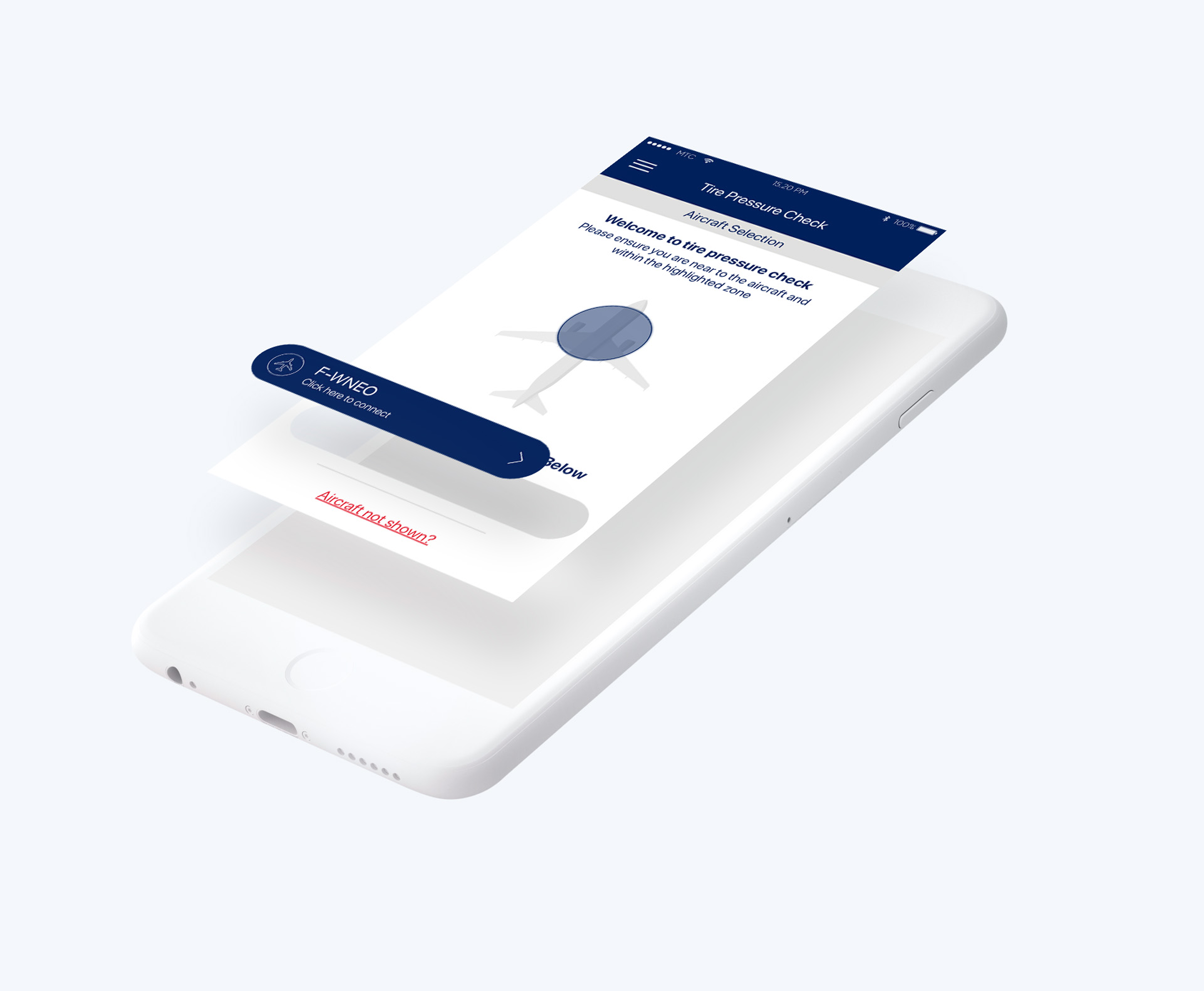 The OnePRESS Tire Pressure Check app: the aircraft selection screen for F-WNEO