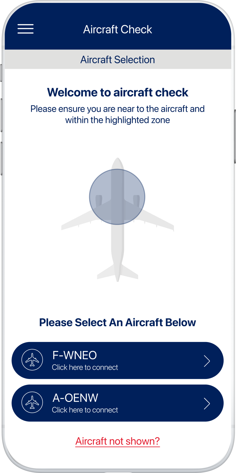 OnePRESS app: the Aircraft Selection screen listing aircraft F-WNEO and A-OENW
