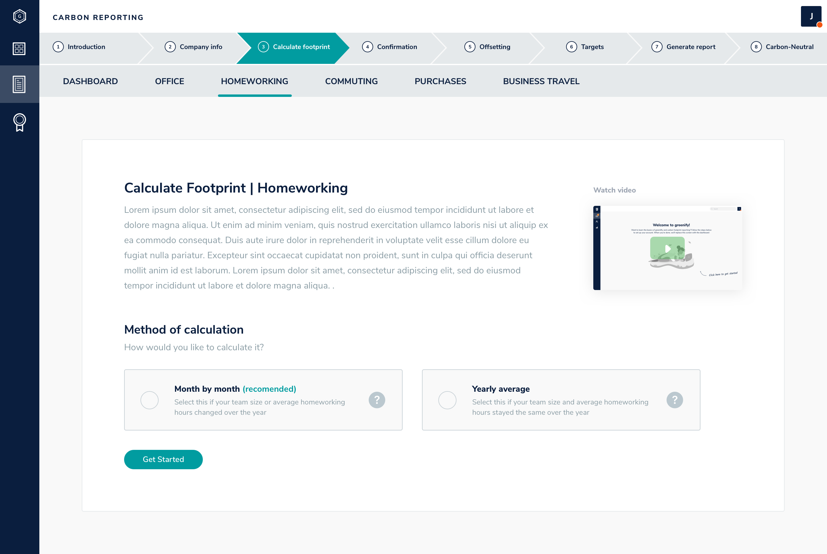 Calculate Footprint: Homeworking step with month-by-month or yearly-average calculation options