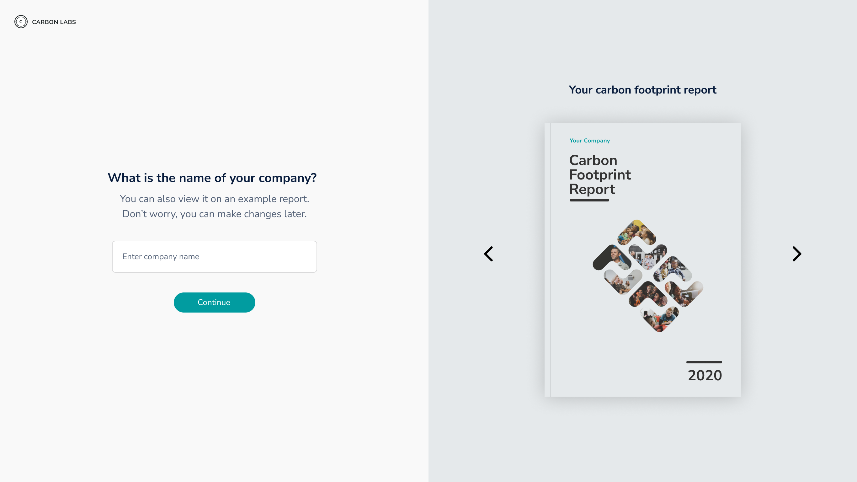 Carbon Labs onboarding: what is the name of your company, with a carbon footprint report preview