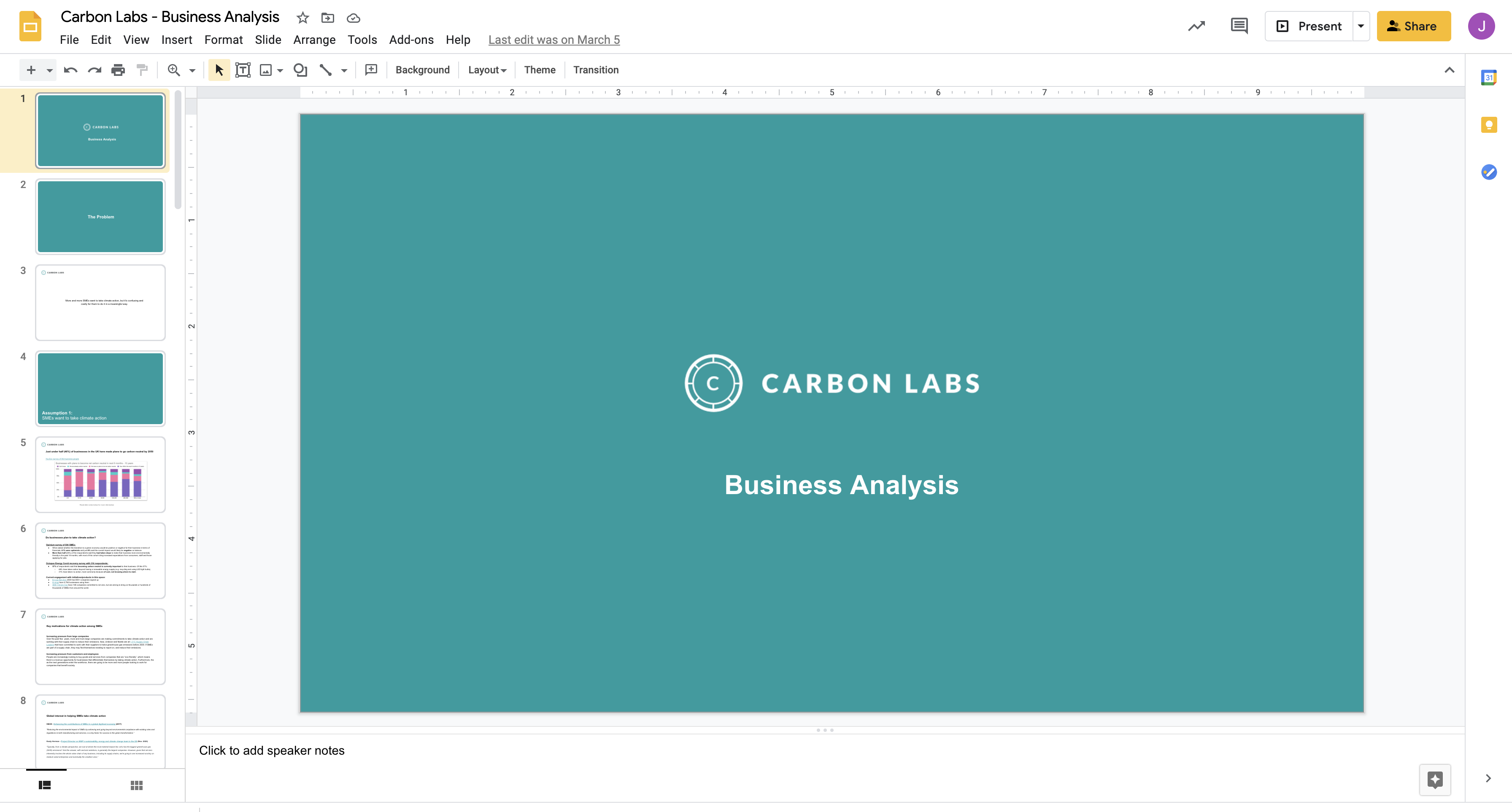 The Carbon Labs business analysis pitch deck open in the slide editor