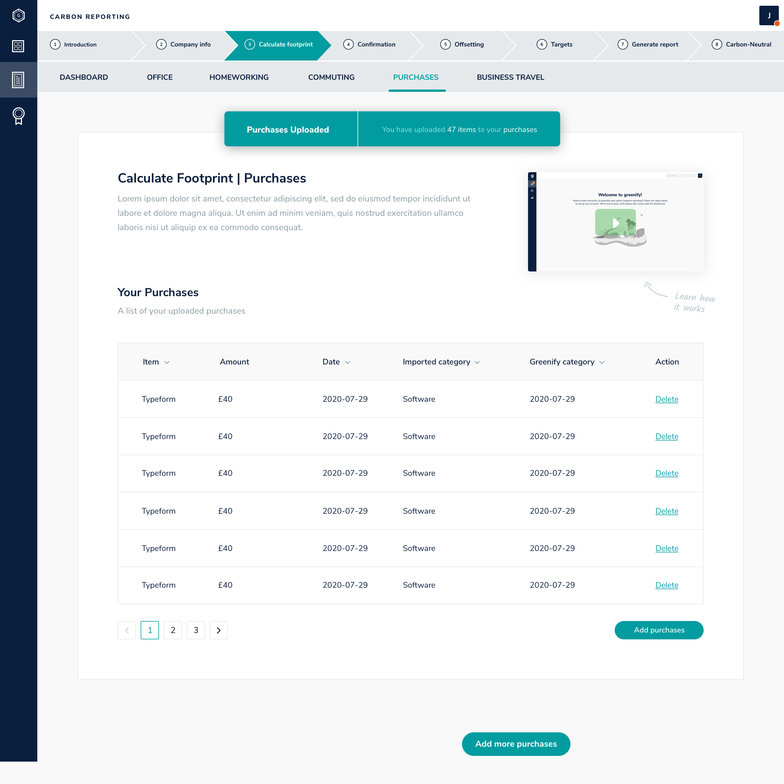Calculate Footprint: Purchases step with the uploaded purchases table