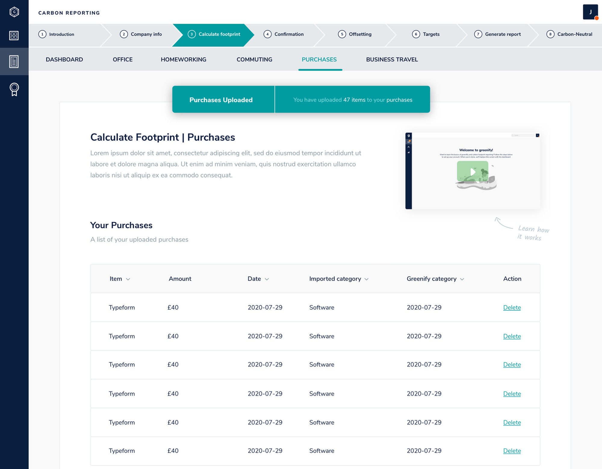 Calculate Footprint: Purchases step with 47 uploaded items in a purchases table