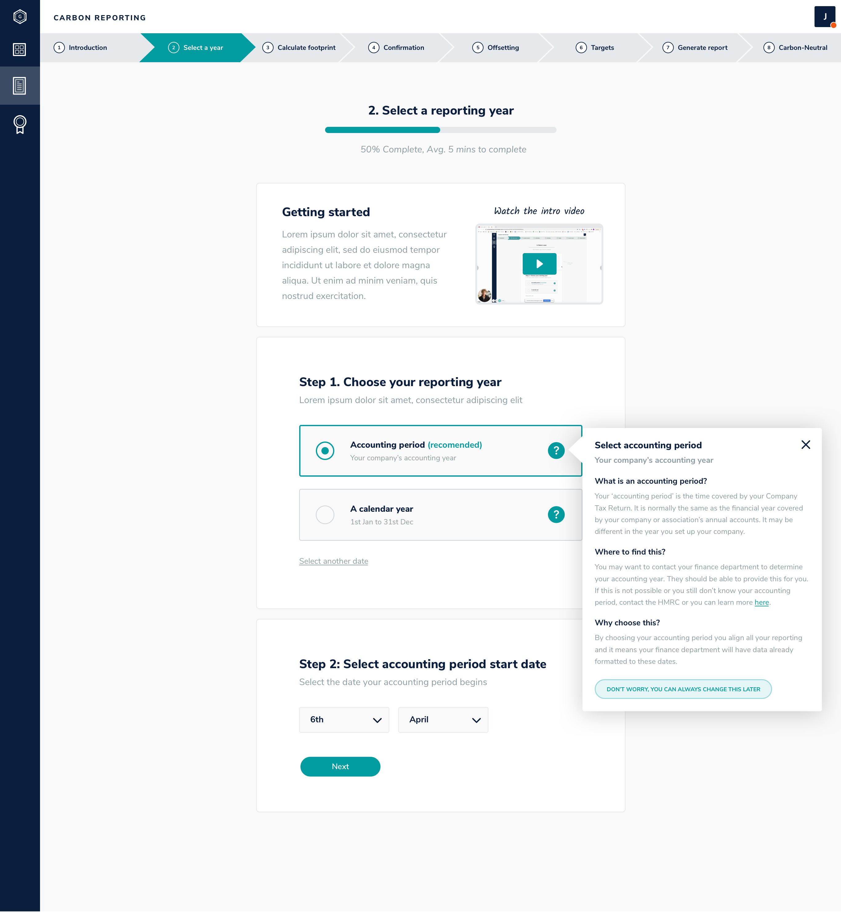Select a reporting year step with an accounting-period help popover