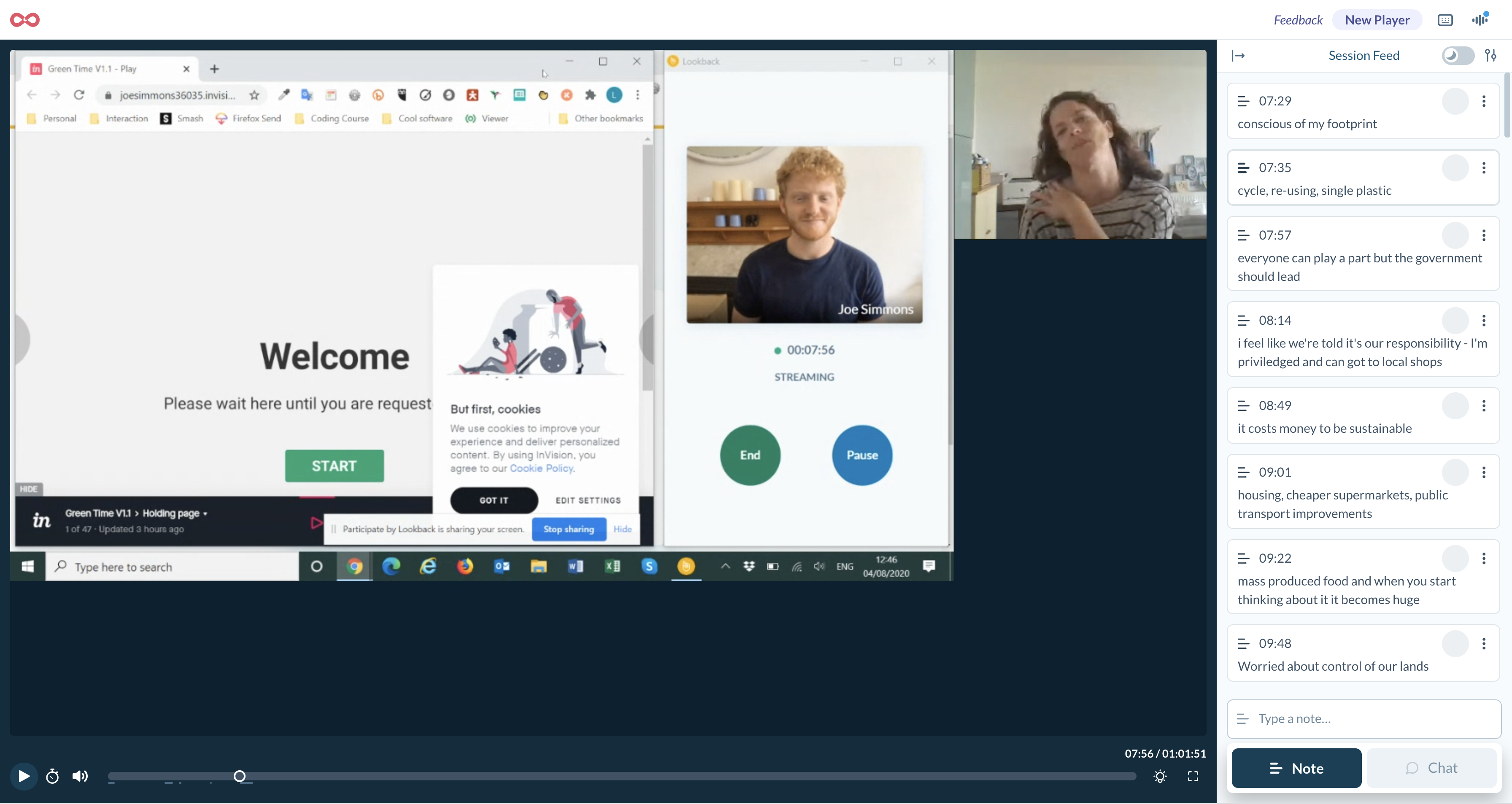A recorded remote research session: prototype on screen, participant webcam and timestamped notes