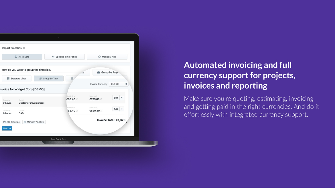 Automated invoicing and full currency support, shown with a currency zoom on a laptop