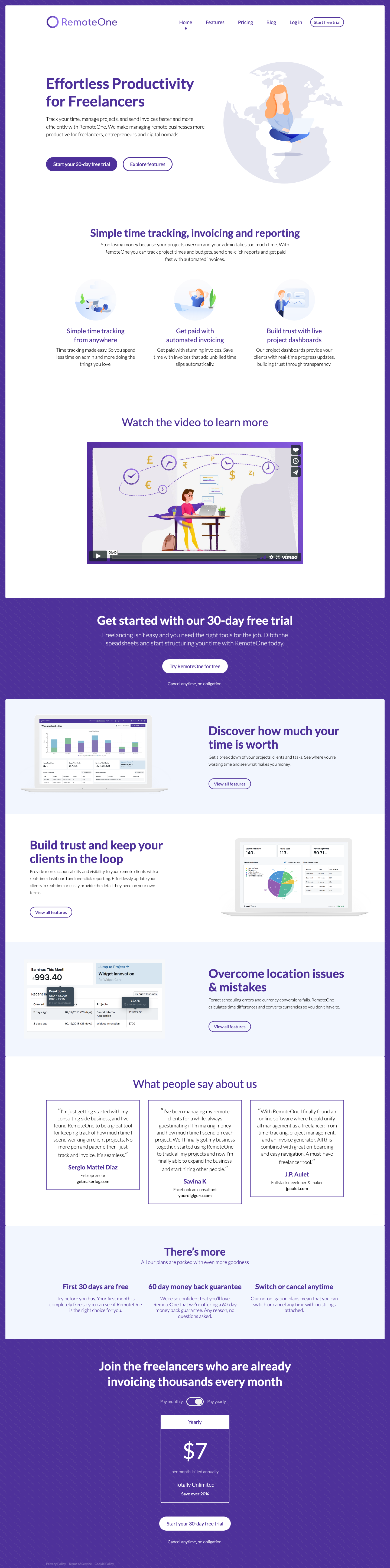 The RemoteOne homepage, full length