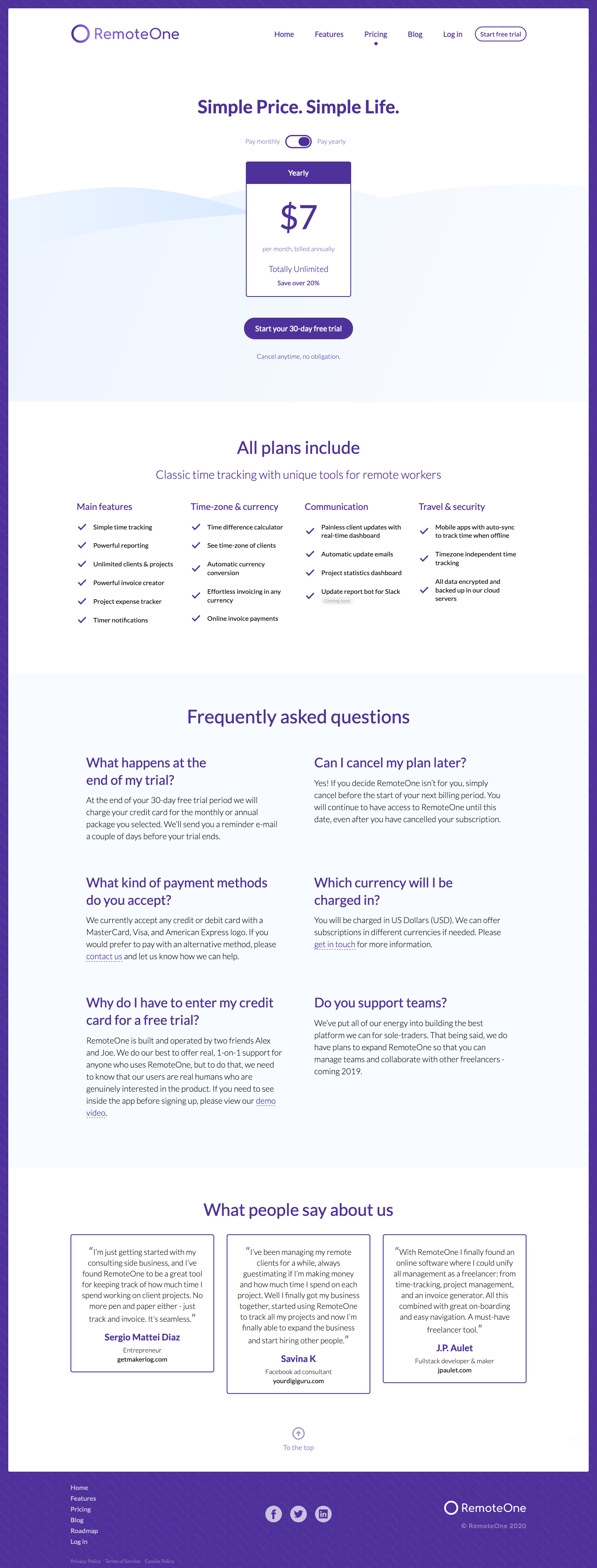 The RemoteOne pricing page, full length