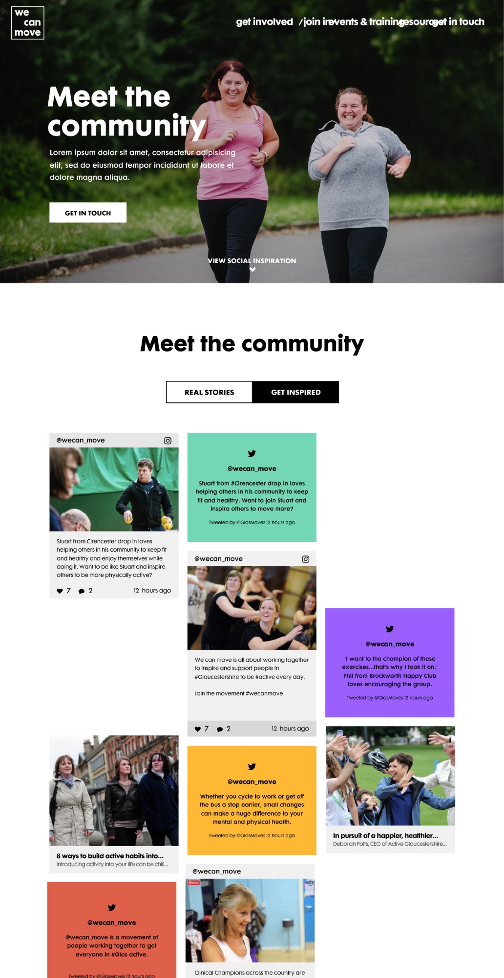 The Meet the Community page with a grid of social posts