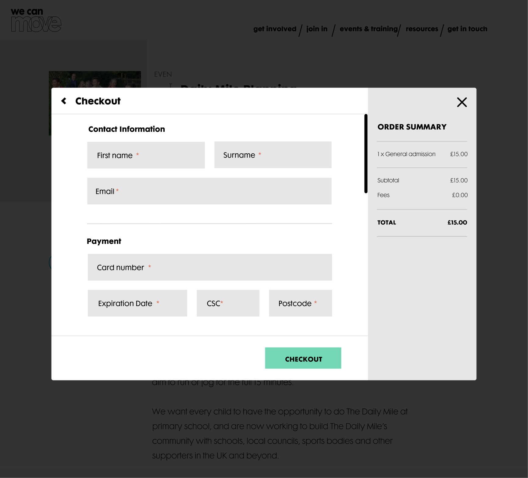 Checkout modal with contact and payment details