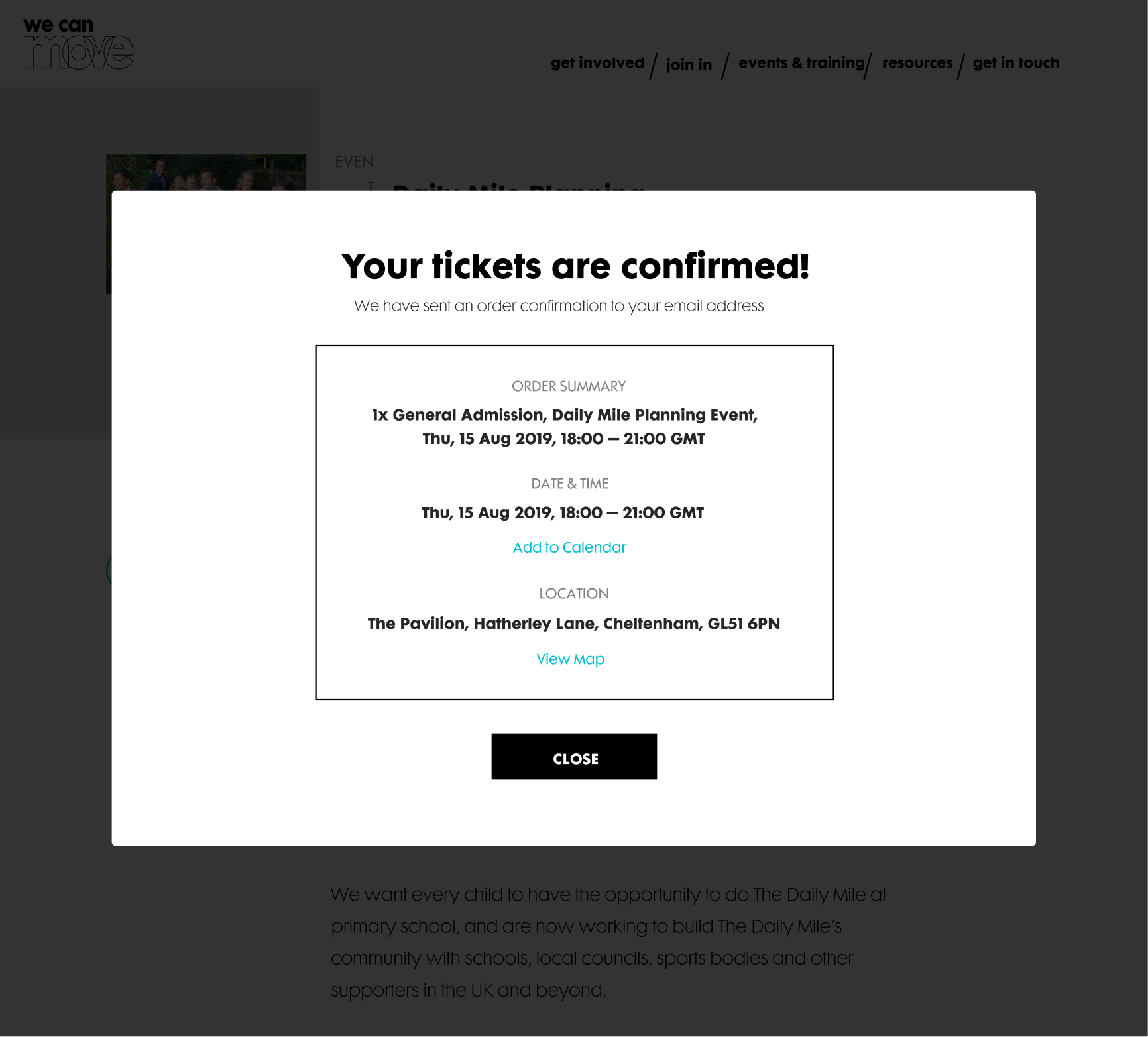 Ticket confirmation modal with order summary and location