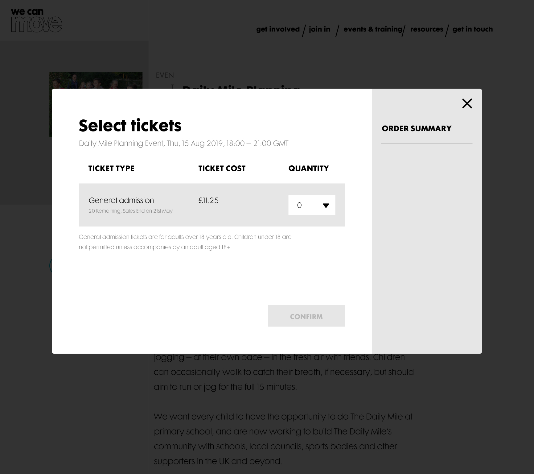 Select tickets modal with no tickets chosen