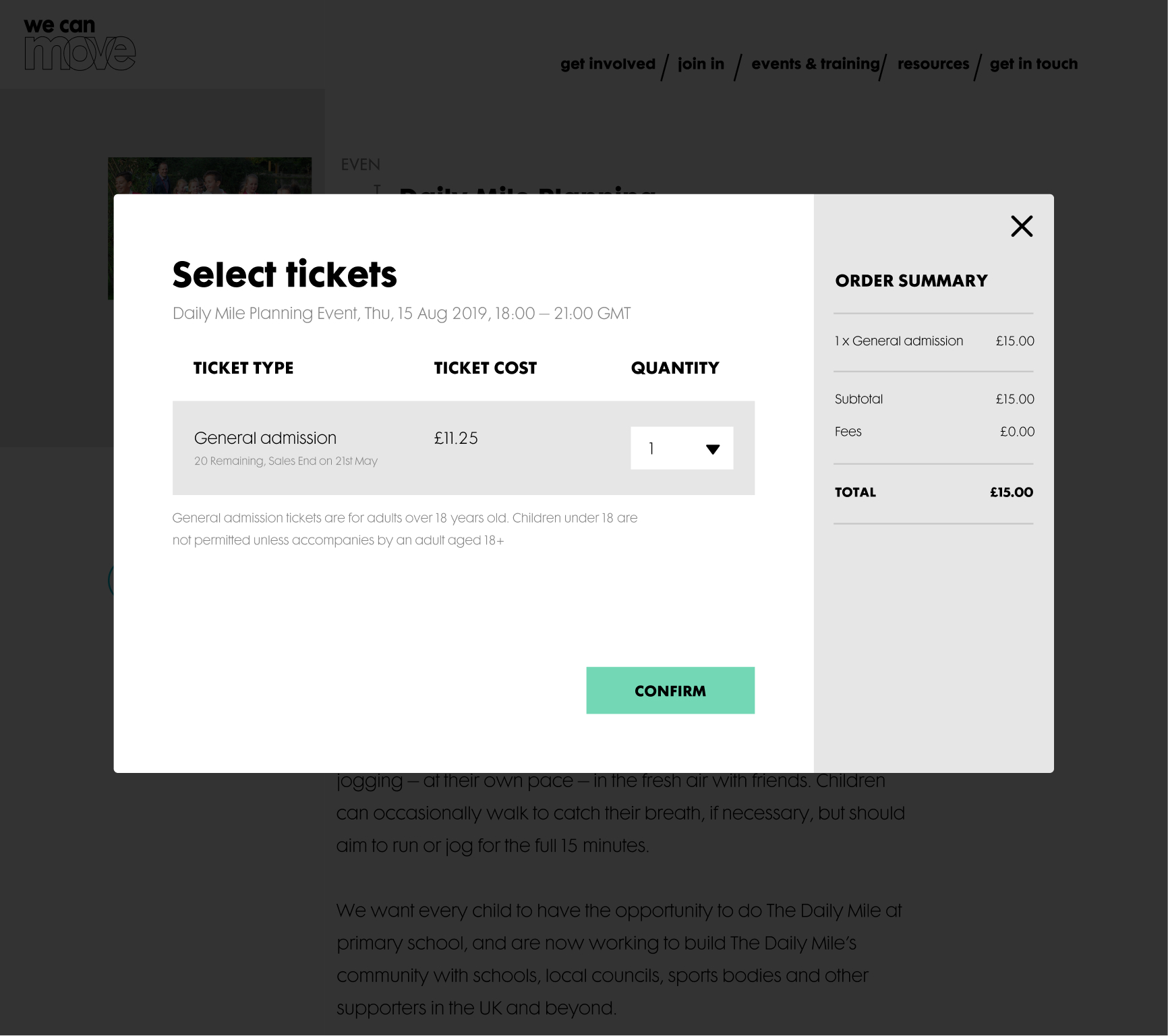 Select tickets modal with one ticket and order summary