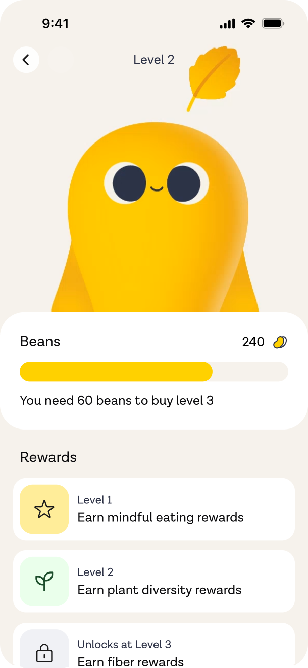 ZOE app: Level 2 beans balance and rewards by level