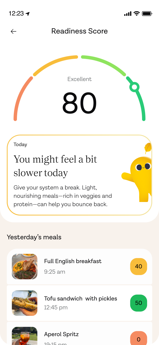 ZOE app: a Readiness Score of 80 with yesterday&rsquo;s meals