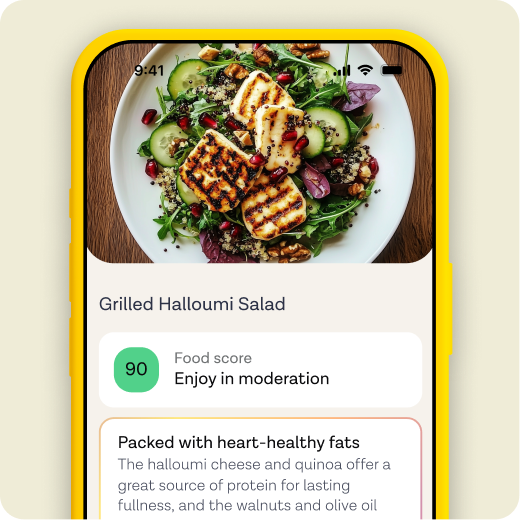 A scanned meal showing its food score and a heart-healthy fats breakdown