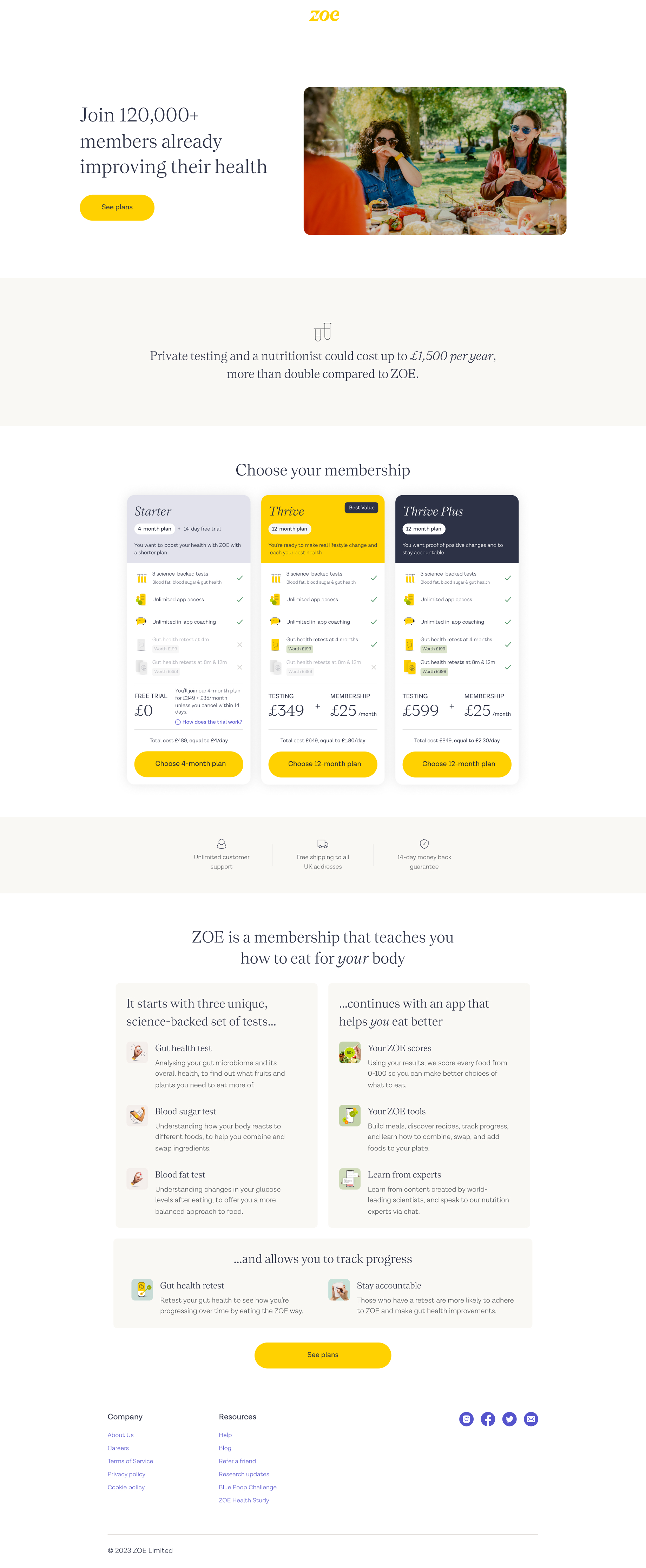 ZOE membership page, full desktop page