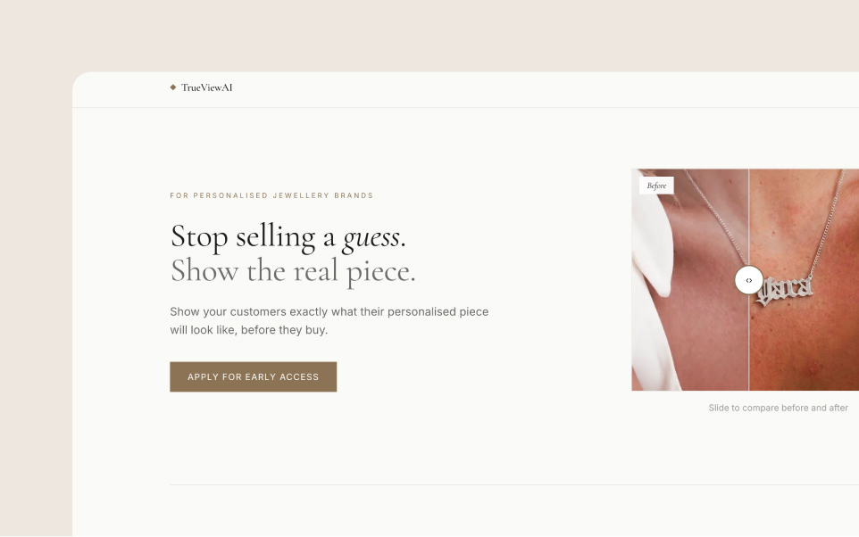 TrueViewAI landing page with a before-and-after slider showing a personalised necklace